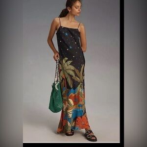 Farm Rio Maxi Slip Dress Starry Night Anthropologie Floral Black Tropical M NEW